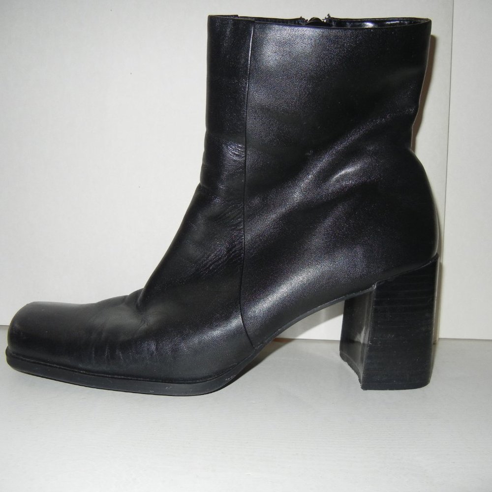 Y2K Chunky Vintage 10M Black Leather Ankle Boot Full Zip Block Heel Square Toe - Picture 8 of 12
